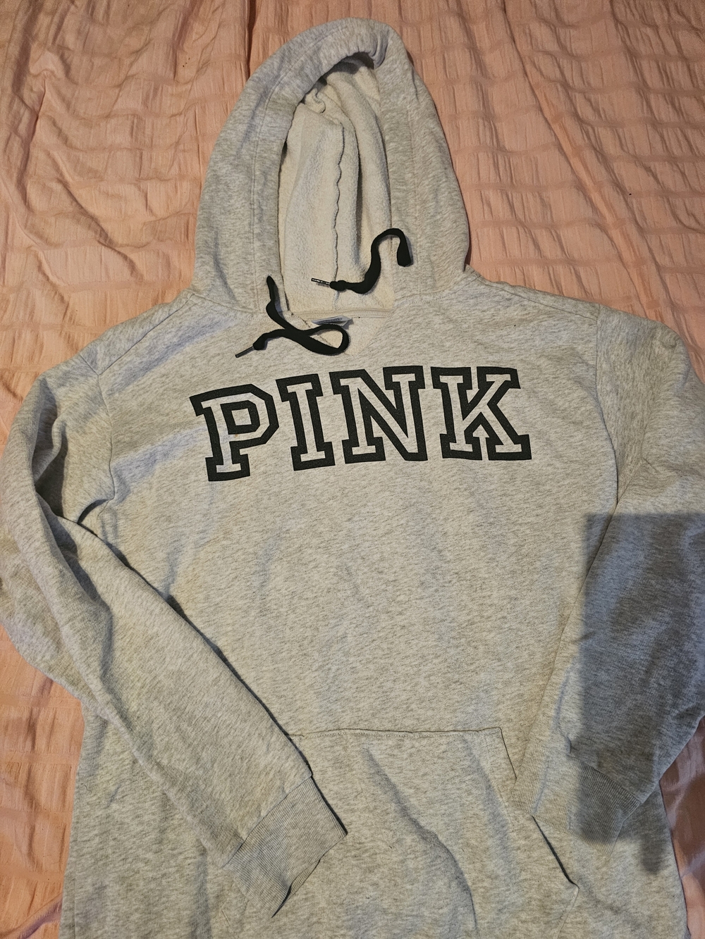 PINK Victoria's Secret Light Gray Logo Hoodie with Black Trim